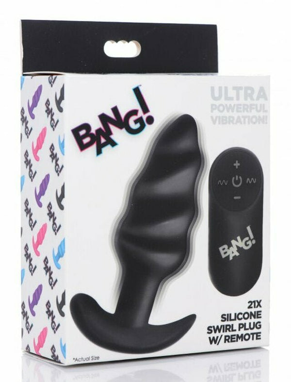 BANG! 21X Vibrating Silicone Swirl Butt Plug w/ Remote Control - Black - ANAL PLAY - Brazzers Toys